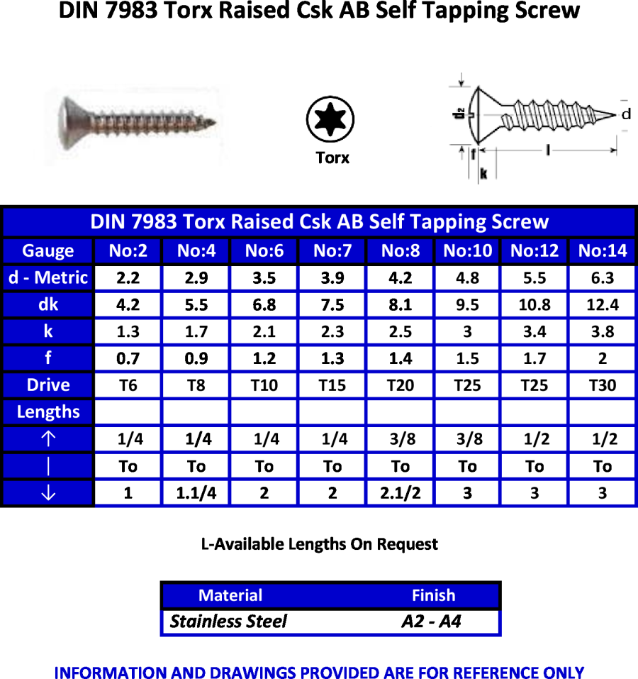 self tapping screw sizes